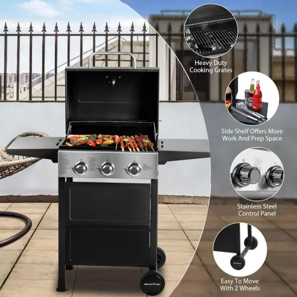 3-Burner Stainless Steel Propane Gas Grill with Foldable Shelves  