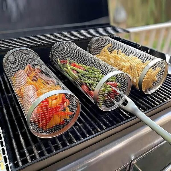 Portable Stainless Steel BBQ Grill Net & Rolling Basket