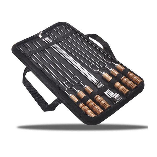 10-Piece Stainless Steel BBQ Skewers with Wood Handles